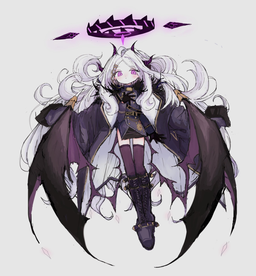 1girl, black_skirt, black_wings, blue_archive, boots, closed_mouth, coat, coat_on_shoulders