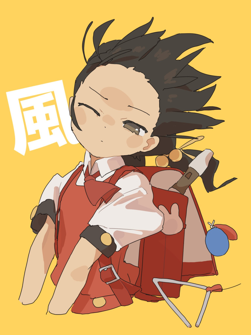 1girl, backpack, bag, bean_bag_chair, black_hair, castanets, closed_mouth, cropped_legs