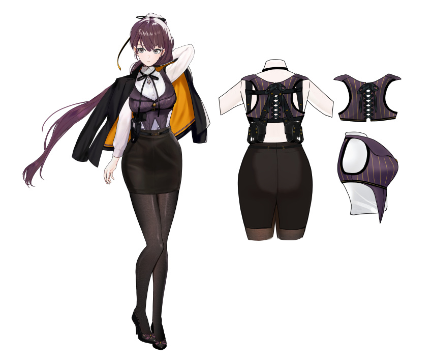 1girl, absurdres, alternate_costume, belt, black_footwear, black_jacket, black_skirt, breasts, closed_mouth, dolla_(nikke), full_body, goddess_of_victory:_nikke, hair_between_eyes, high_heels, highres, jacket, long_hair, long_sleeves, medium_breasts, open_clothes, open_jacket, pantyhose, purple_hair, shirt, shoes, sidelocks, simple_background, skirt, solo, standing, tamotsu_nagai, very_long_hair, white_background, white_shirt