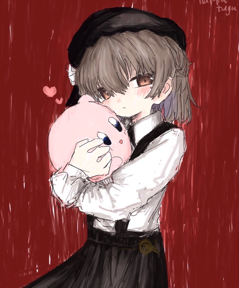 1girl, beret, black_headwear, black_skirt, blush, brown_eyes, brown_hair, character_name