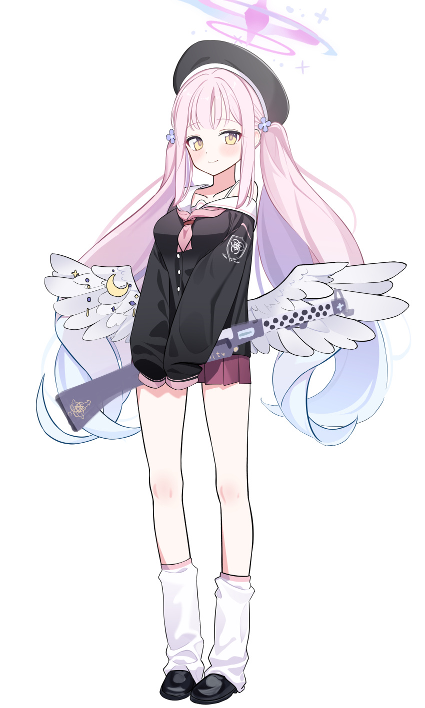 1girl, absurdres, alternate_costume, alternate_hairstyle, angel_wings, black_footwear, black_serafuku, blue_archive