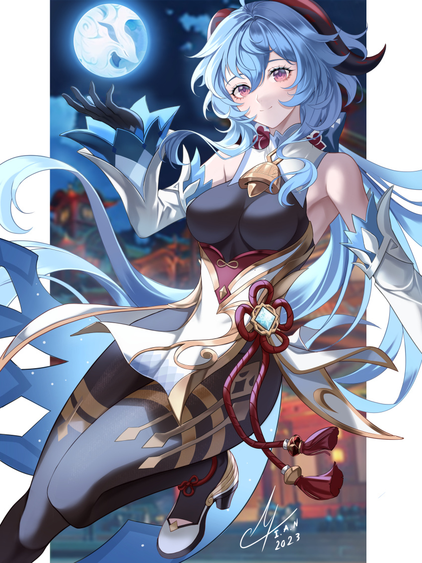 1girl, absurdres, ahoge, artist_name, bare_shoulders, bell, black_pantyhose, blue_hair