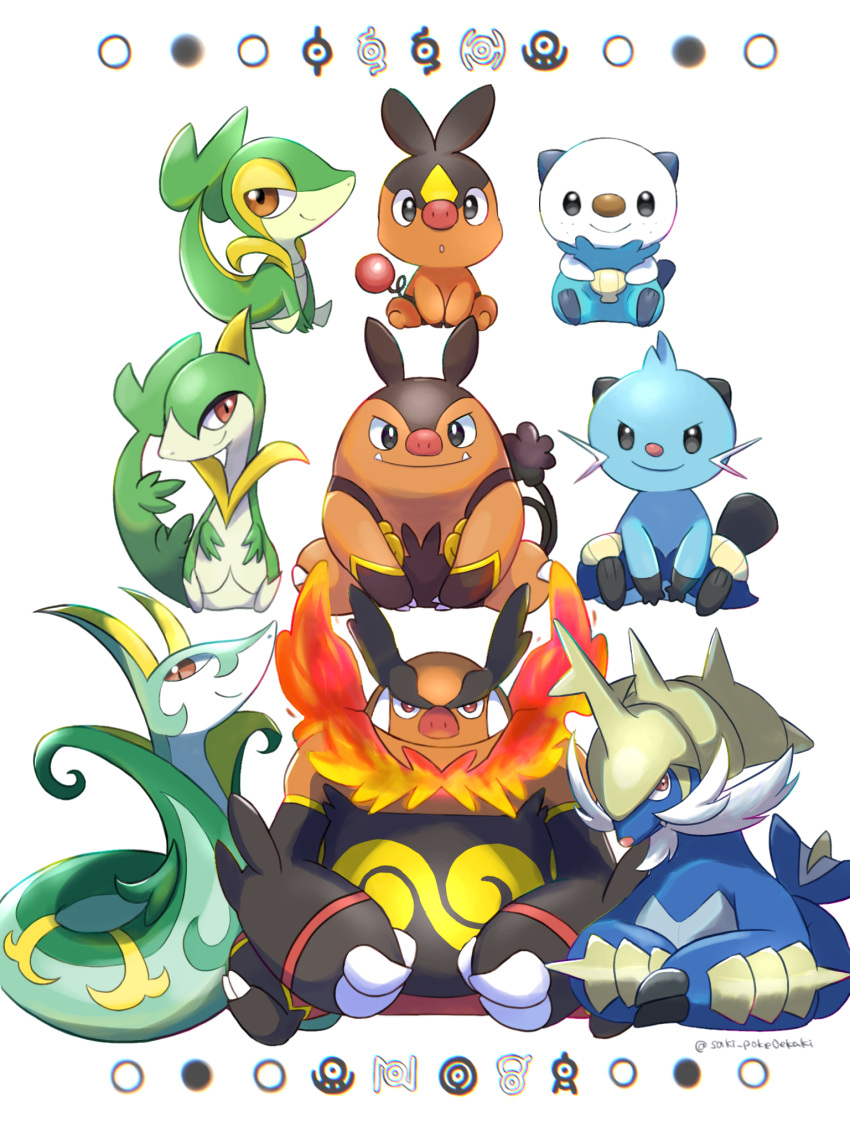 artist_name, dewott, emboar, evolutionary_line, highres, looking_at_viewer, no_humans, oshawott, pignite, pokemon, pokemon_(creature), samurott, serperior, servine, simple_background, sitting, snivy, starter_pokemon_trio, tepig, unown, unownglyphics, user_wuxd3433, watermark