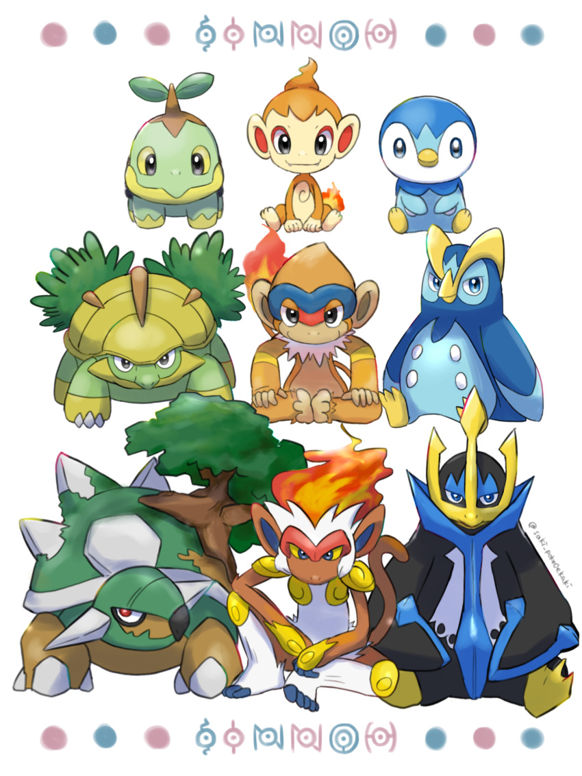 artist_name, chimchar, empoleon, evolutionary_line, grotle, highres, infernape, looking_at_viewer, monferno, no_humans, piplup, pokemon, pokemon_(creature), prinplup, simple_background, sitting, starter_pokemon_trio, torterra, turtwig, unown, unownglyphics, user_wuxd3433, watermark