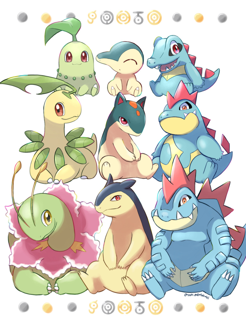 artist_name, bayleef, chikorita, closed_eyes, croconaw, cyndaquil, evolutionary_line, feraligatr