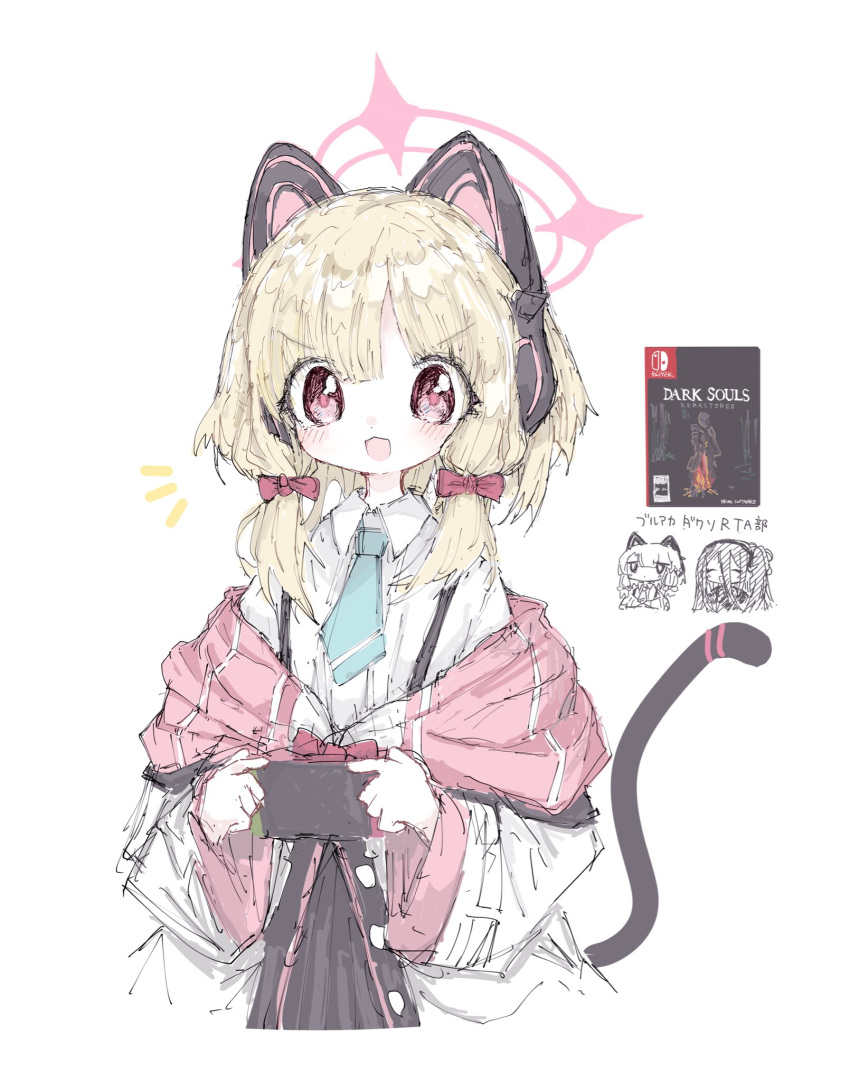 3girls, animal_ear_headphones, animal_ears, aris_(blue_archive), blonde_hair, blue_archive, blush, bow, cat_ear_headphones, chibi, closed_eyes, coat, controller, dark_souls_(series), dark_souls_i, fake_animal_ears, game_controller, hair_between_eyes, hair_bow, headphones, highres, holding, holding_controller, holding_game_controller, joy-con, long_hair, long_sleeves, midori_(blue_archive), momoi_(blue_archive), multiple_girls, off_shoulder, open_clothes, open_coat, open_mouth, reitoubeef, shirt, simple_background, solo_focus, white-shirt, white_background, white_coat, white_shirt, wide_sleeves