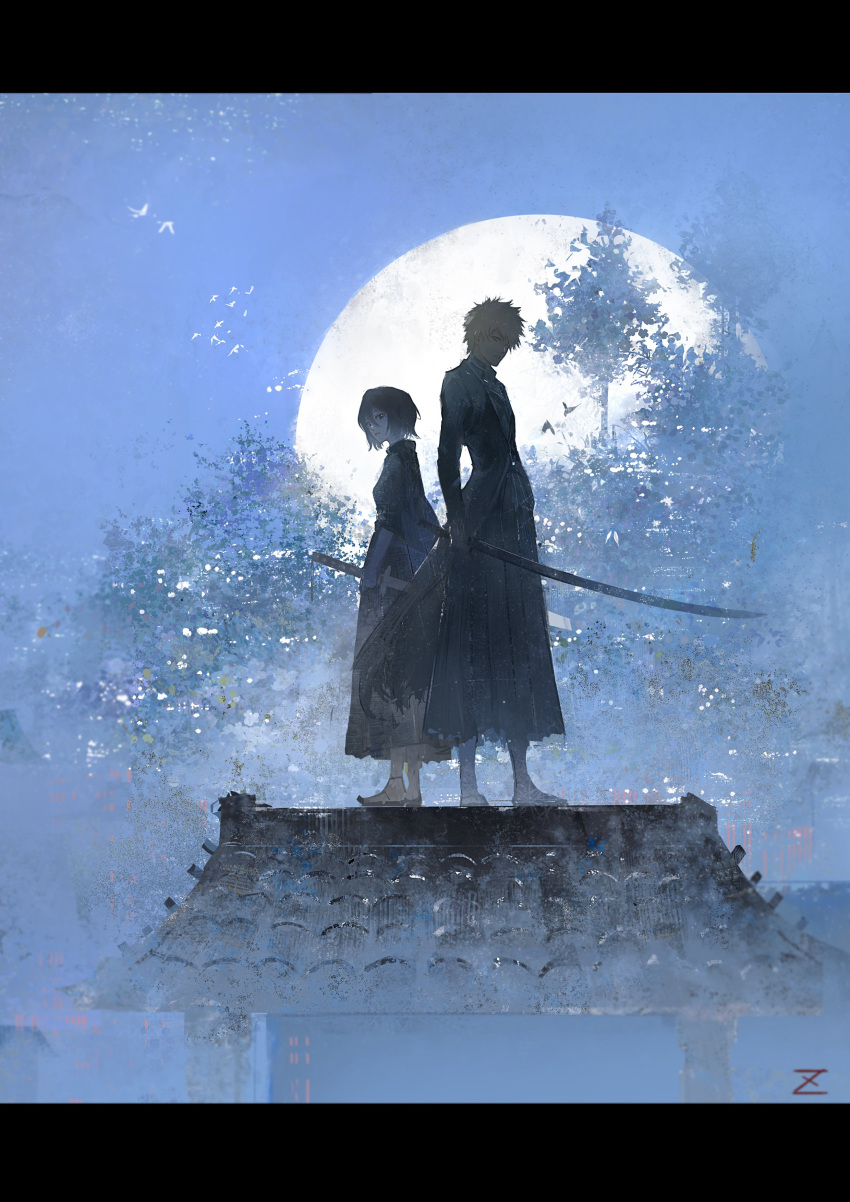 1boy, 1girl, absurdres, back-to-back, black_hair, black_kimono, bleach, highres