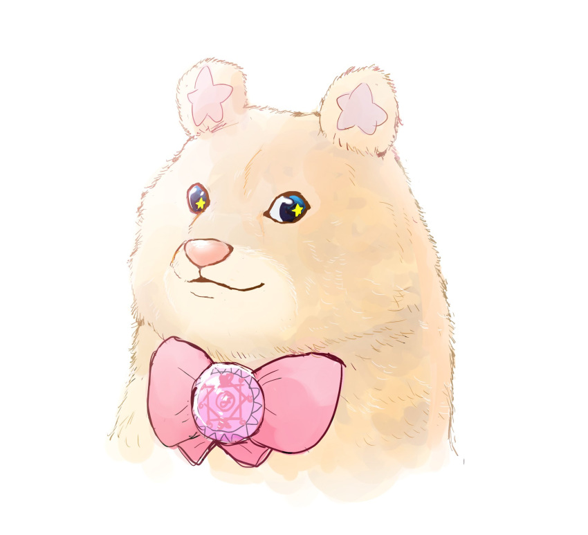 animal, animal_focus, bow, dog, doge, head_only, highres, kabosu_(dog), looking_at_viewer, magical_girl, mahou_girls_precure!, meme, mofurun_(mahou_girls_precure!), no_humans, parody, pink_bow, precure, simple_background, solo, soraoman, star-shaped_pupils, star_(symbol), style_parody, symbol-shaped_pupils, white_background