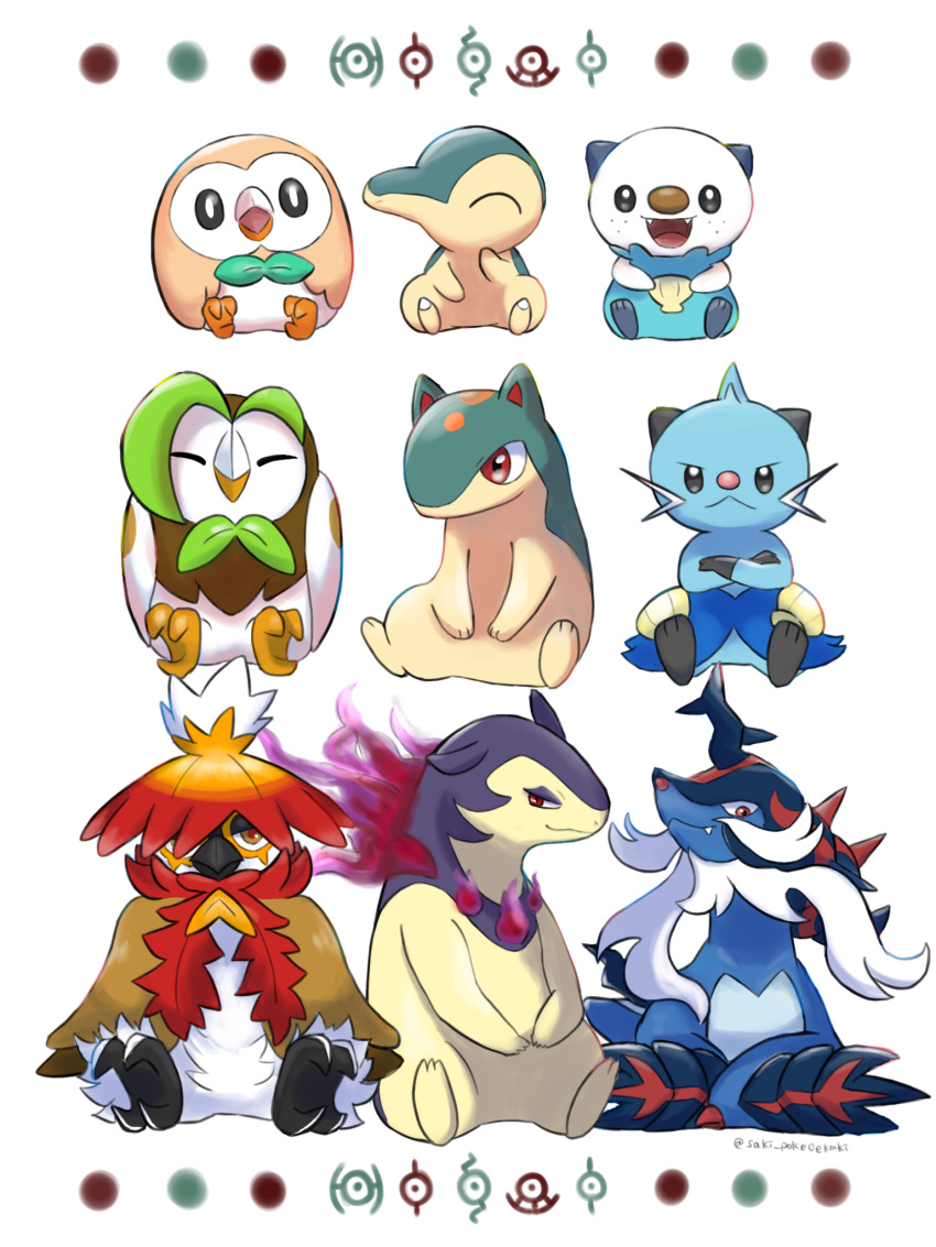 artist_name, closed_eyes, cyndaquil, dartrix, dewott, evolutionary_line, highres, hisuian_decidueye