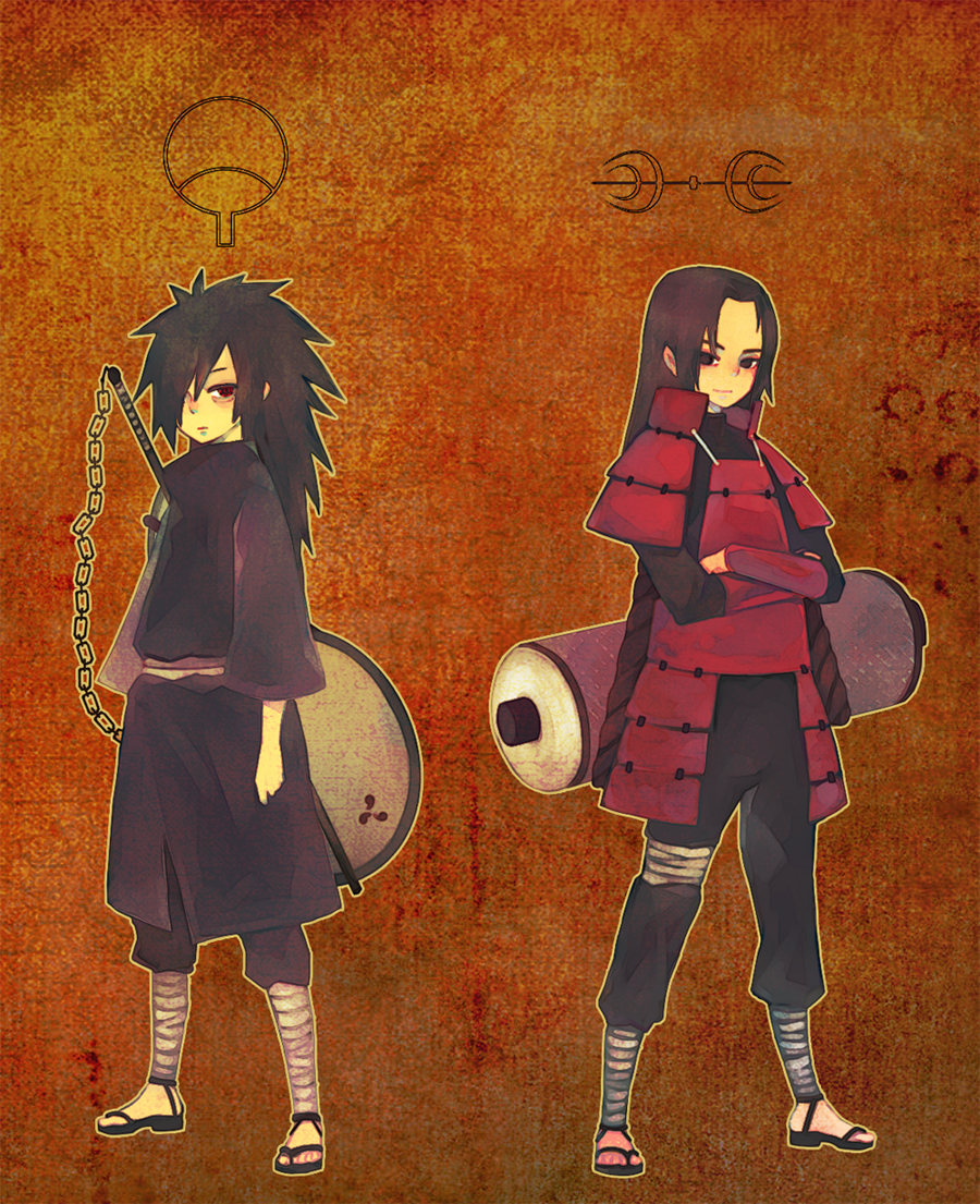 2boys, armor, black_footwear, black_hair, black_kimono, brown_background, chain, closed_mouth, commentary_request, crossed_arms, dou, full_body, gunbai, hair_over_one_eye, japanese_armor, japanese_clothes, kanon_(rsl), kimono, kote, kusazuri, leg_wrap, long_hair, long_sleeves, looking_at_viewer, male_focus, multiple_boys, naruto, naruto_(series), parted_bangs, sandals, senju_hashirama, sharingan, smile, spiky_hair, standing, uchiha_madara, war_fan