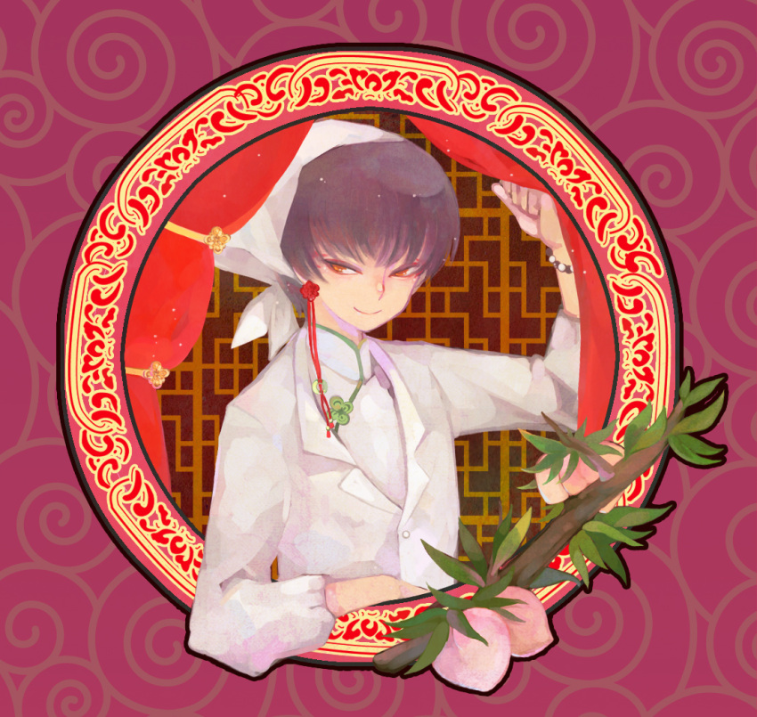 1boy, bishounen, blazer, branch, brown_hair, closed_mouth, commentary_request, food