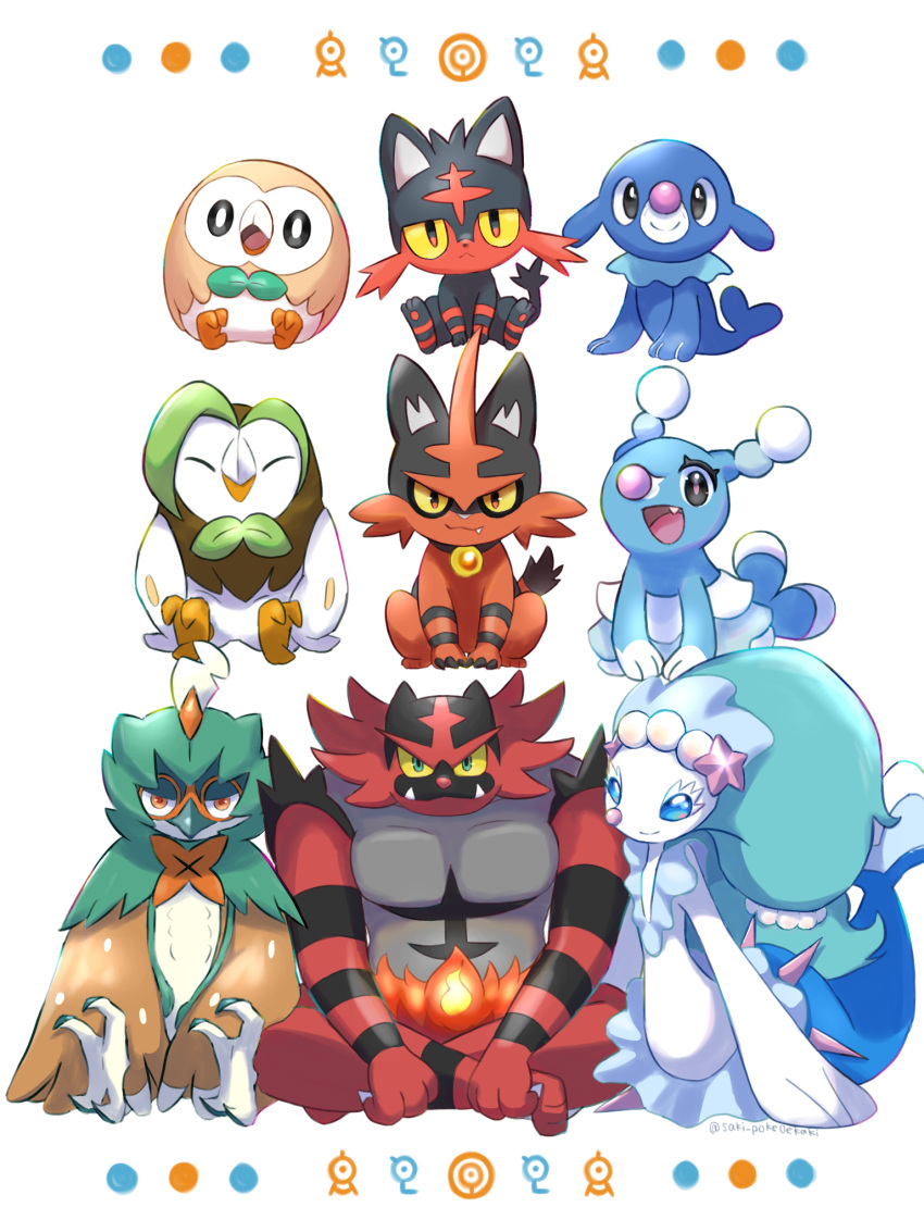 artist_name, brionne, closed_eyes, dartrix, decidueye, evolutionary_line, highres, incineroar
