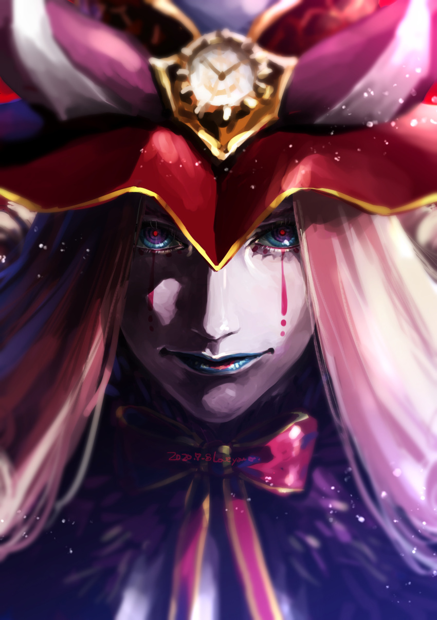 1boy, absurdres, blue_lips, bow, bowtie, clown, colored_skin, curly_hair, demon_boy, demon_horns, expressionless, fate/grand_order, fate_(series), fur_collar, hat, headpiece, highres, horns, long_hair, looking_at_viewer, loveyama, makeup, male_focus, mephistopheles_(fate), multicolored_eyes, portrait, purple_hair, red_bow, red_bowtie, red_pupils, solo, teardrop, tick_tock_bomb, white_skin