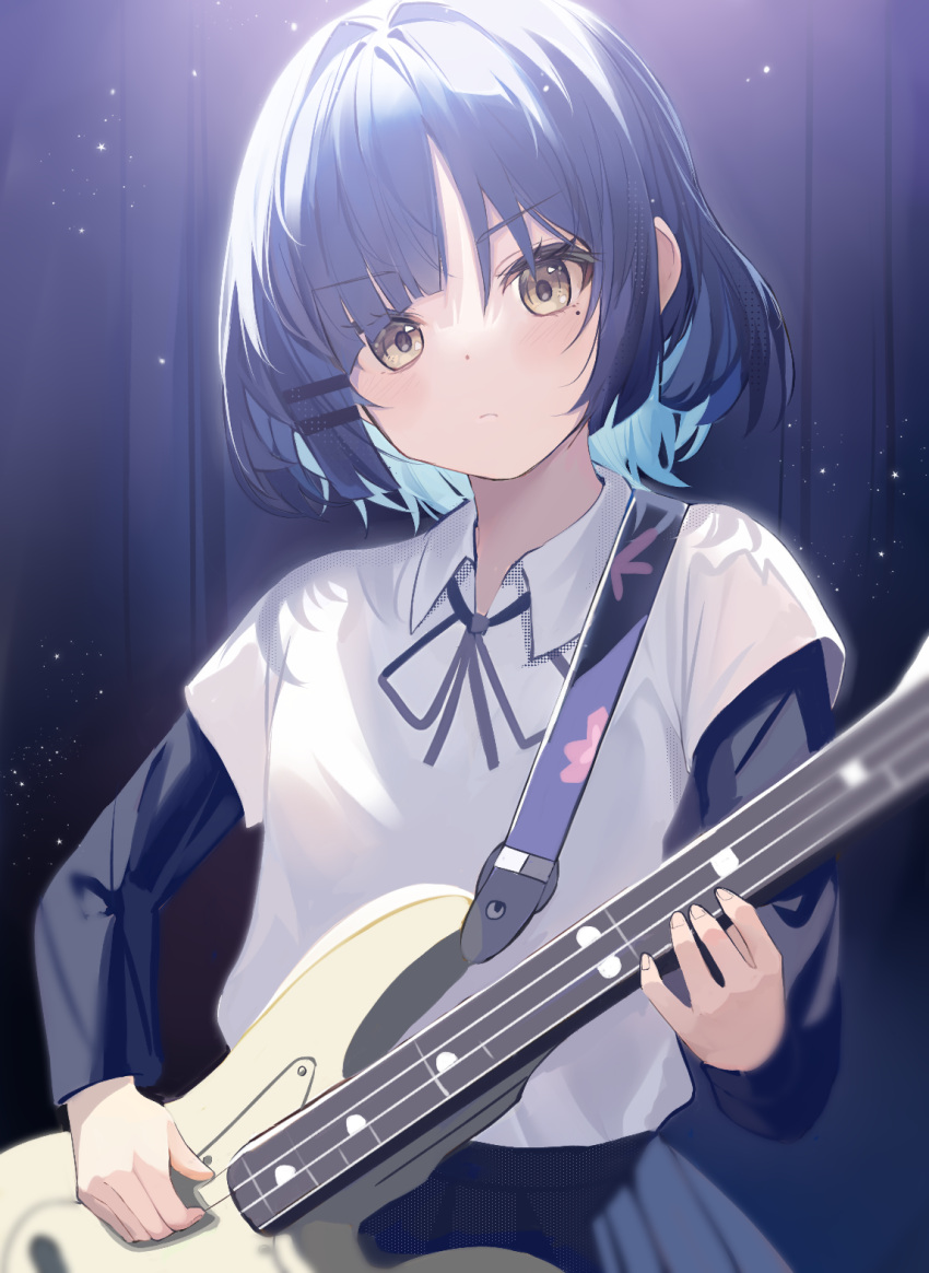 1girl, aroa_(aroamoyasi), bass_guitar, blue_hair, blue_ribbon, blue_skirt, blue_sleeves, blurry