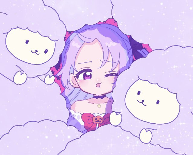 1girl, bare_shoulders, black_bow, black_choker, blush, bow, bow_choker, choker, hair_bow, looking_to_the_side, magia_record:_mahou_shoujo_madoka_magica_gaiden, mahou_shoujo_madoka_magica, maji_0023, misono_karin, misono_karin_(halloween_ver.), official_alternate_costume, one_eye_closed, open_mouth, parted_bangs, purple_hair, sheep, solo, upper_body, violet_eyes