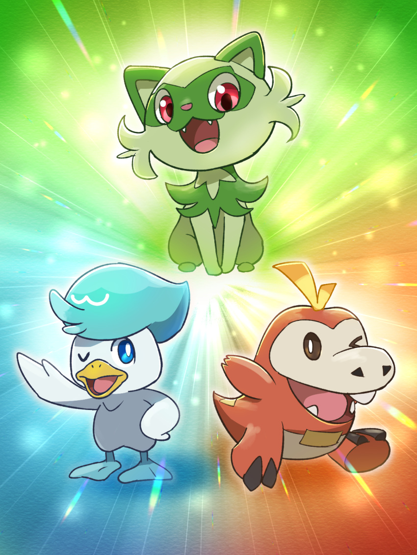 fuecoco, hakkentai_pokedan, highres, looking_at_viewer, no_humans, one_eye_closed, open_mouth, pokemon