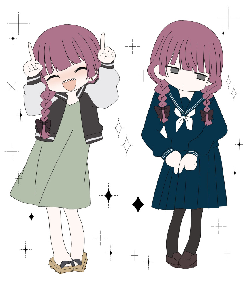 2girls, :d, black_bow, black_pantyhose, blue_shirt, blunt_bangs, blush, bocchi_the_rock!