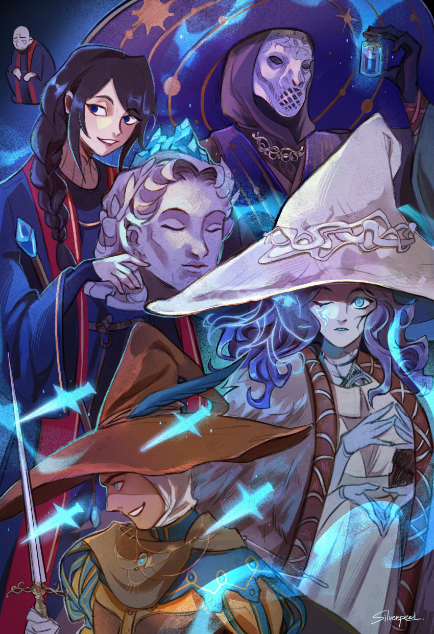 2girls, 3boys, absurdres, bald, beard, black_gloves, black_hair, black_robe, blue_eyes, blue_hair, blue_robe, braid, brown_cloak, brown_footwear, chibi, cloak, colored_skin, commentary, cracked_skin, dress, elden_ring, english_commentary, extra_arms, extra_faces, facial_hair, fur_cloak, gloves, grey_skin, grin, hat, hat_feather, highres, holding, holding_sword, holding_weapon, hood, hood_up, hooded_robe, large_hat, long_hair, looking_at_viewer, magic, mask, mask_removed, masked, multiple_boys, multiple_girls, one_eye_closed, own_hands_together, preceptor_seluvis, profile, ranni_the_witch, robe, side_braid, signature, silver-peel, smile, sorcerer_rogier, sorcerer_thops, sorceress_sellen, swept_bangs, sword, teeth, trait_connection, wavy_hair, weapon, white_dress, white_headwear, wide_sleeves, witch_hat