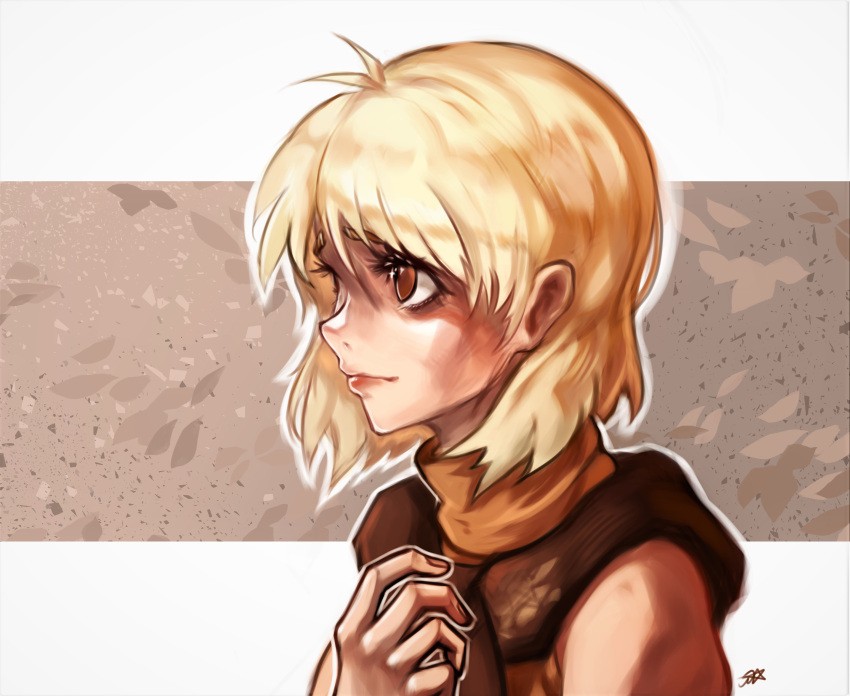 1girl, absurdres, ashley_graham, bare_shoulders, blonde_hair, brown_background, brown_eyes, brown_sweater