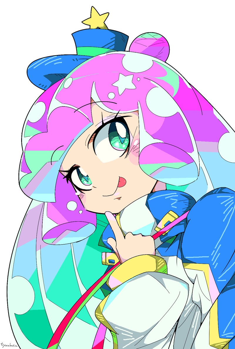 1girl, blue_headwear, blush, chuubatsu_nagano, eyelashes, gradient_hair, green_eyes, hair_bun