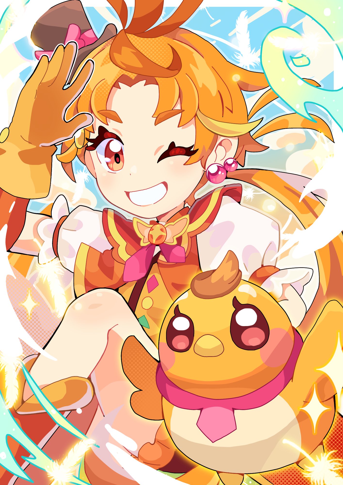 1boy, bird, brooch, cure_wing, earrings, gloves, grin, hat