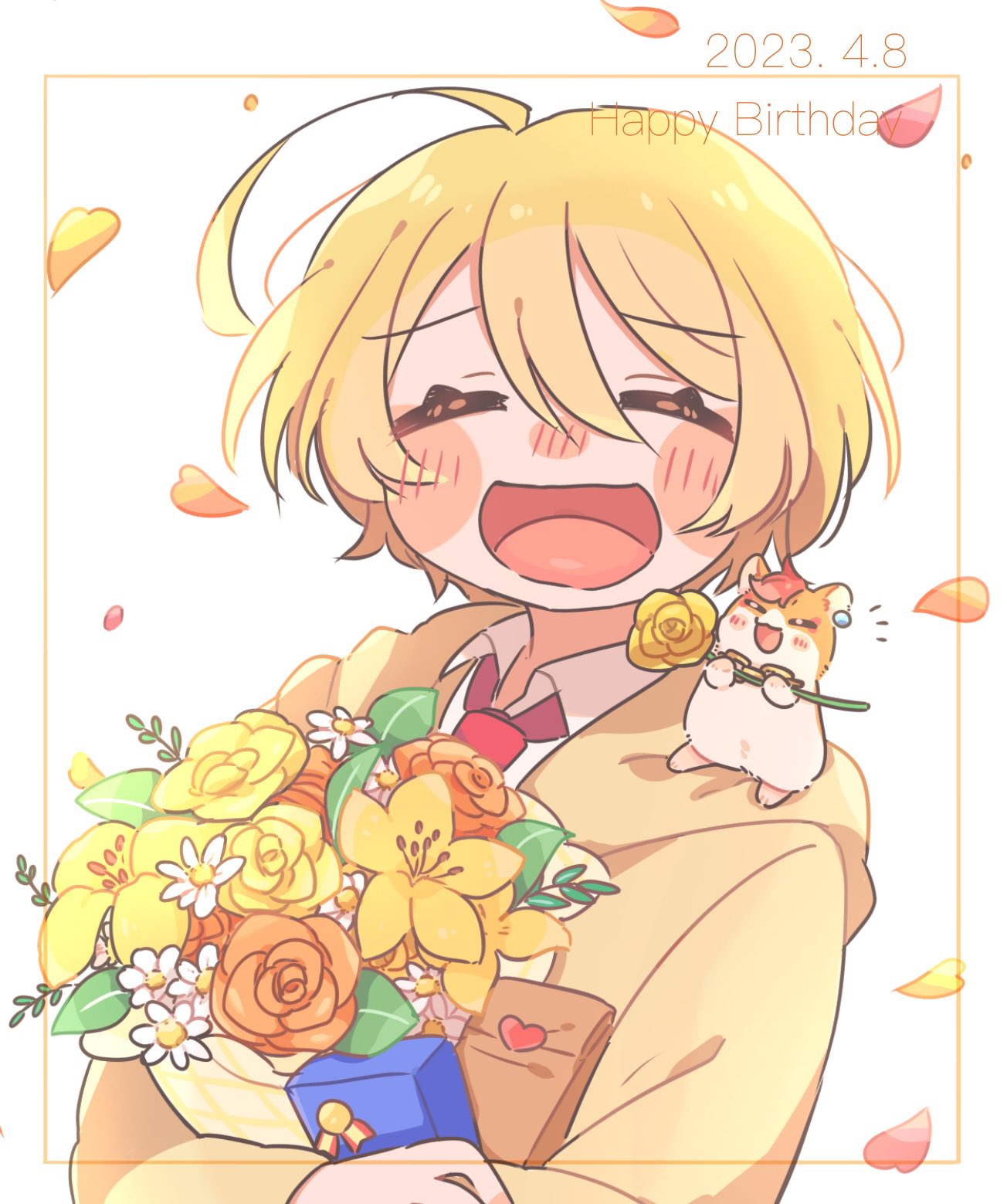1girl, ahoge, blonde_hair, blush_stickers, bouquet, closed_eyes, hamster, hamster_on_shoulder