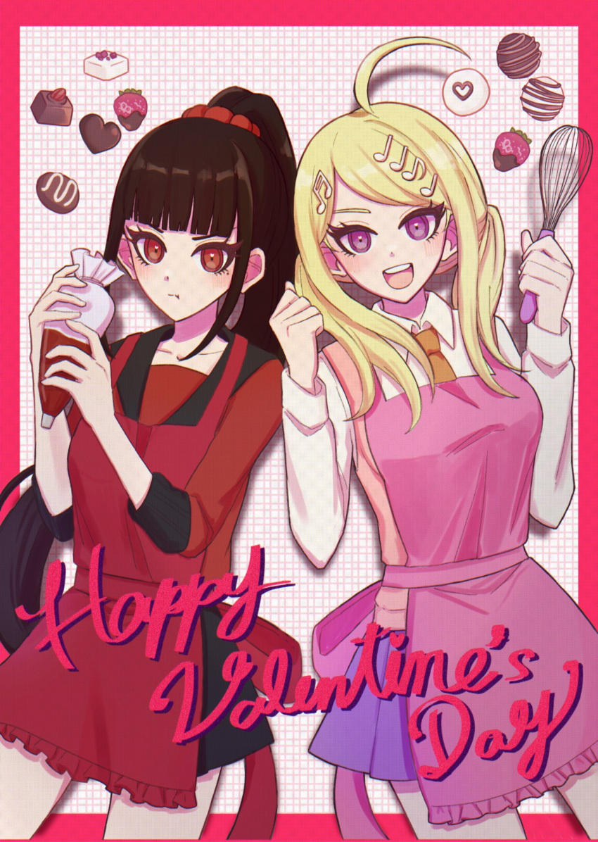 2girls, :d, ahoge, akamatsu_kaede, alternate_costume, alternate_hairstyle, apron, arironpawa