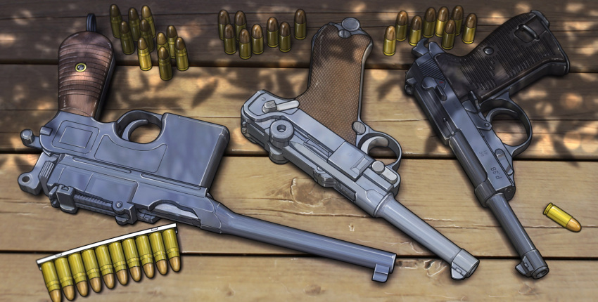 ammunition, bullet, cartridge, clip_(weapon), cocked_hammer, commentary_request, country_connection, dappled_sunlight