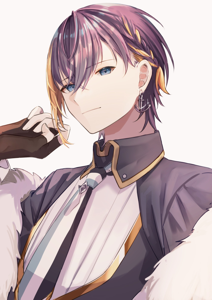 1boy, absurdres, anchor_earrings, blonde_hair, blue_eyes, collared_shirt, earrings, fingerless_gloves