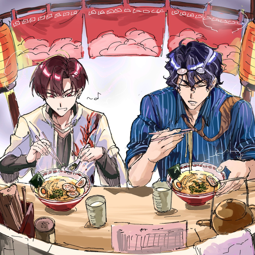 eating, eyewear_on_head, fate/grand_order, fate_(series), highres, sitting, smile, takasugi_shinsaku_(fate), takasugi_shinsaku_(first_ascension)_(fate), yoshida_shouin_(fate)