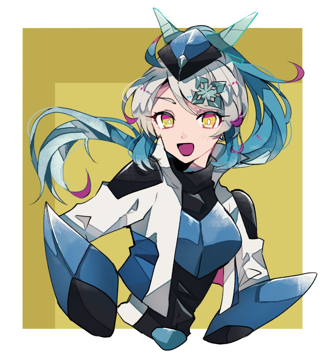 1girl, blue_hair, border, breasts, clear_wing_synchro_dragon, cropped_arms, grey_hair, hat