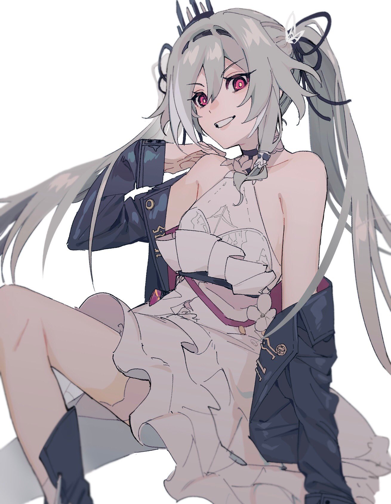 1girl, alternate_costume, arm_support, bare_legs, bare_shoulders, black_footwear, black_headwear, black_jacket