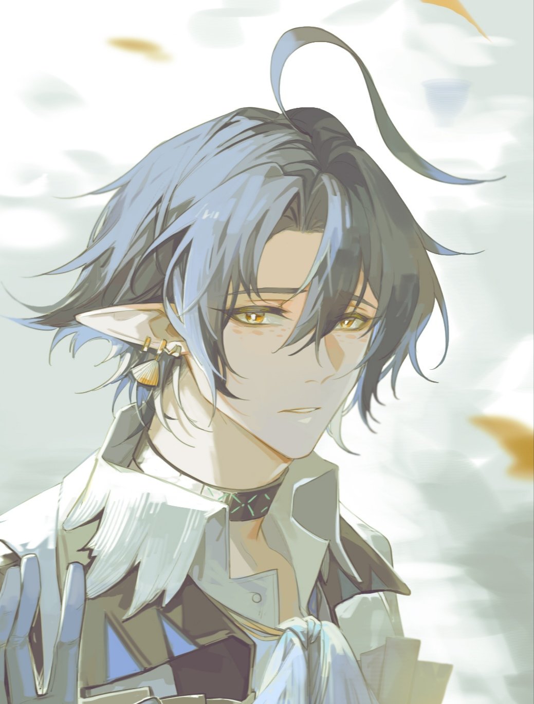 1boy, ahoge, arknights, ascot, black_coat, blue_ascot, blue_gloves, blue_hair