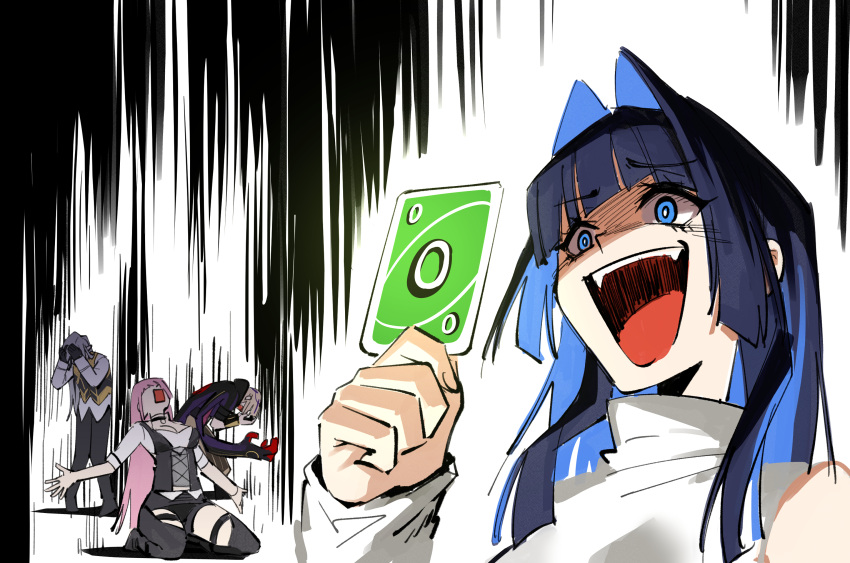 2boys, 2girls, adarin, black_hair, blue_hair, card, card_game, covering_face