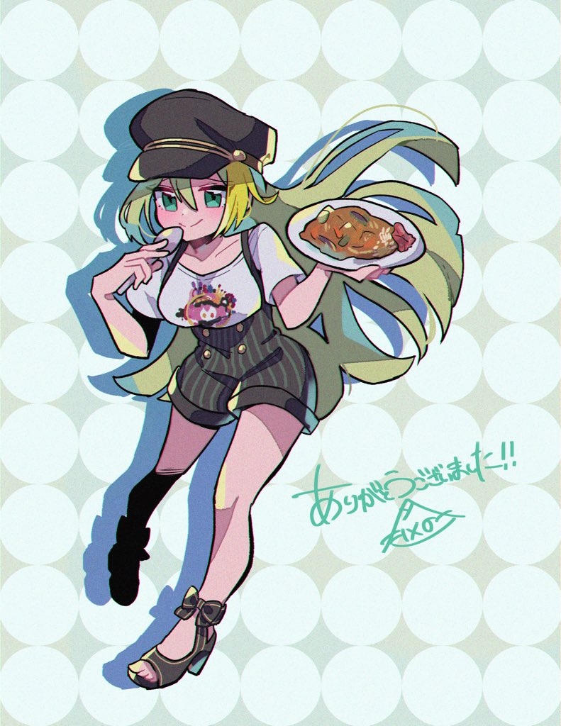 1girl, alina_gray, aqua_eyes, black_headwear, blonde_hair, curry, curry_rice, food