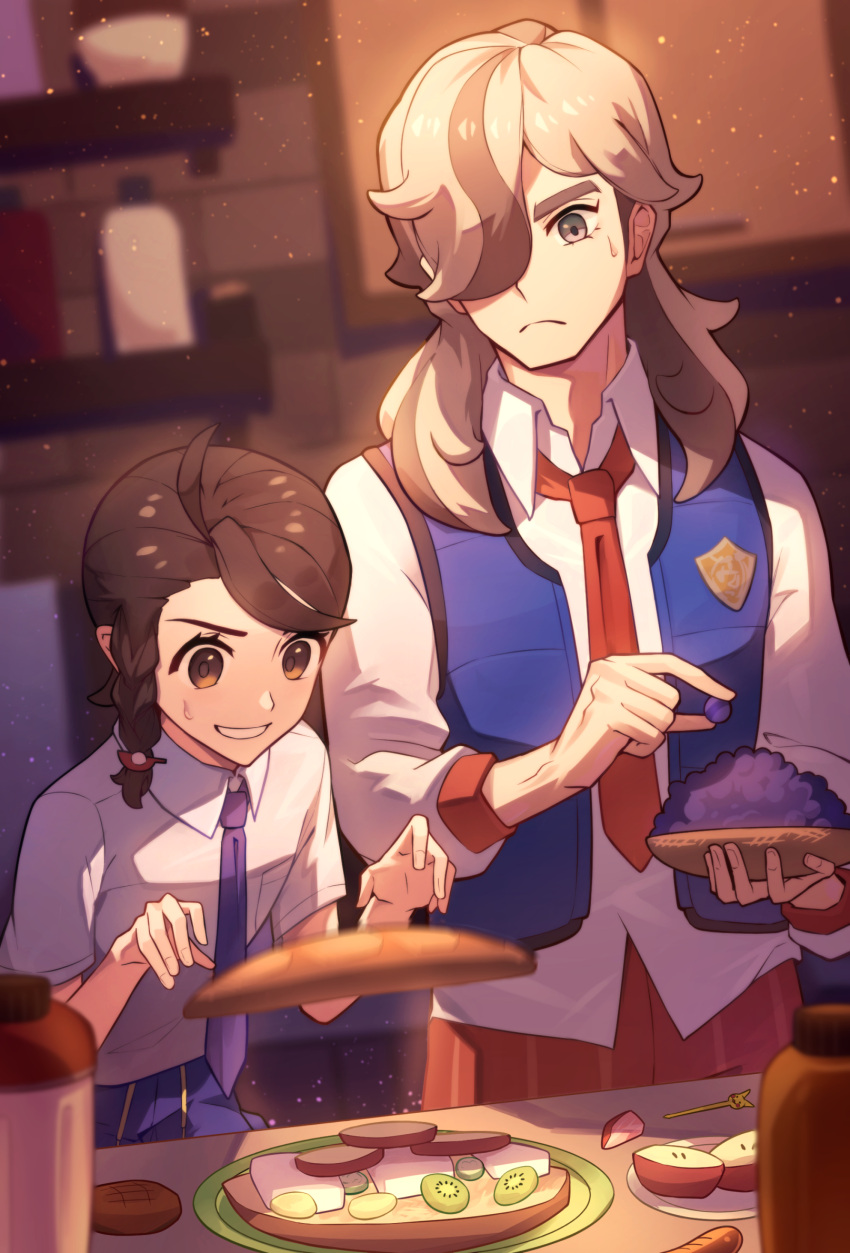 1boy, 1girl, ahoge, arven_(pokemon), blue_vest, blurry, braid, bread