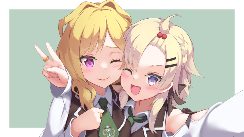 2girls, ;), ;d, arm_up, assault_lily, asymmetrical_bangs, bangs_pinned_back, bare_shoulders