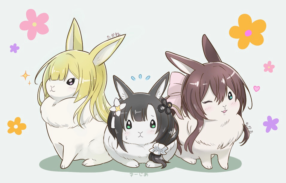 :3, animal, animalization, aqua_eyes, assault_lily, black_hair, blonde_hair, blunt_bangs