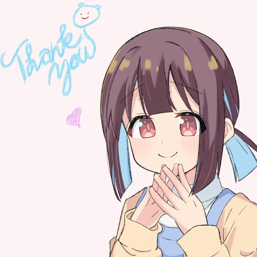 1girl, blue_hair, blunt_bangs, brown_eyes, brown_hair, commentary_request, grey_background, hana_houshou, heart, highres, hozuki_momiji, looking_at_viewer, multicolored_hair, onii-chan_wa_oshimai!, short_hair, short_ponytail, simple_background, smile, solo, steepled_fingers, thank_you, two-tone_hair