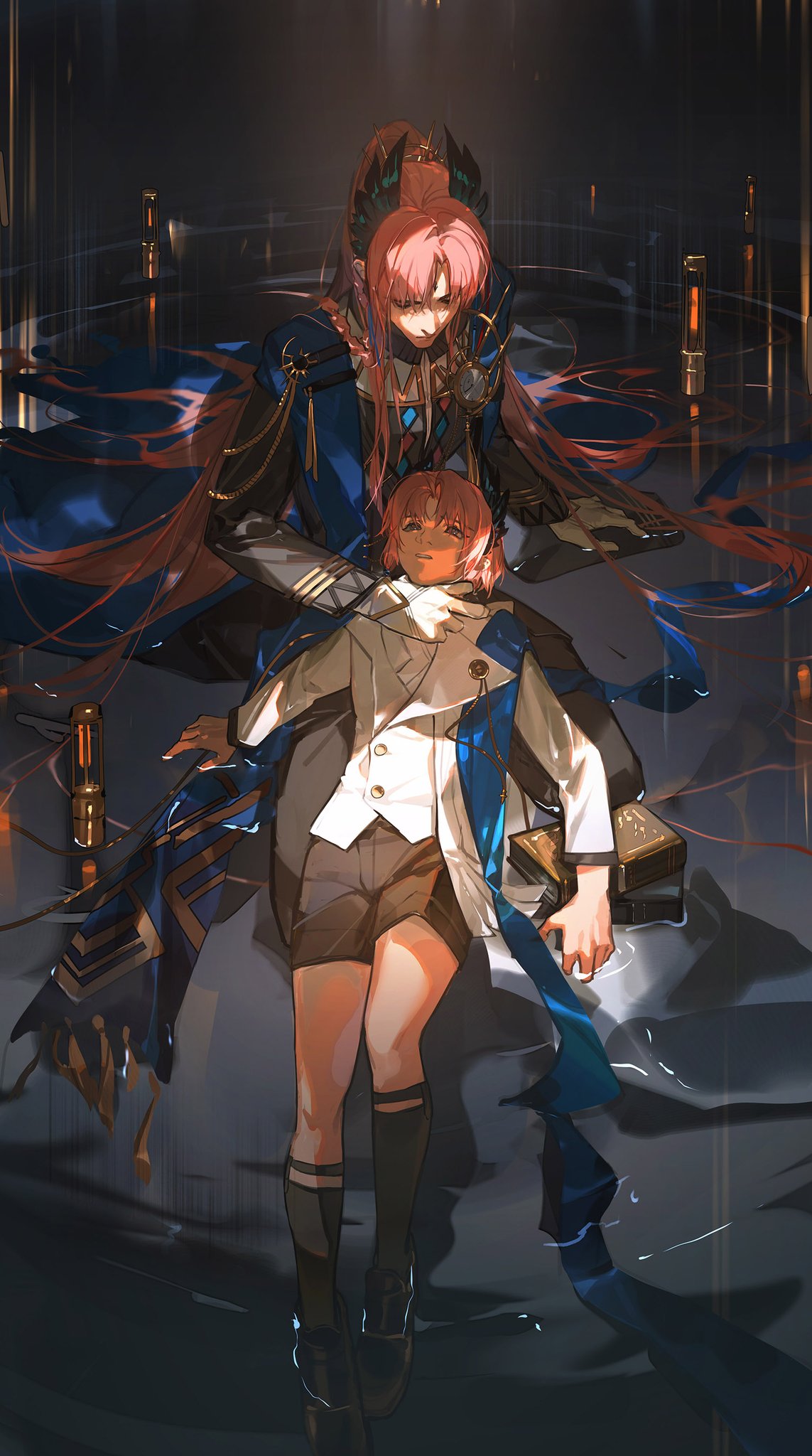 2boys, afloat, aged_down, aiguillette, akai_999, arknights, black_footwear, black_jacket