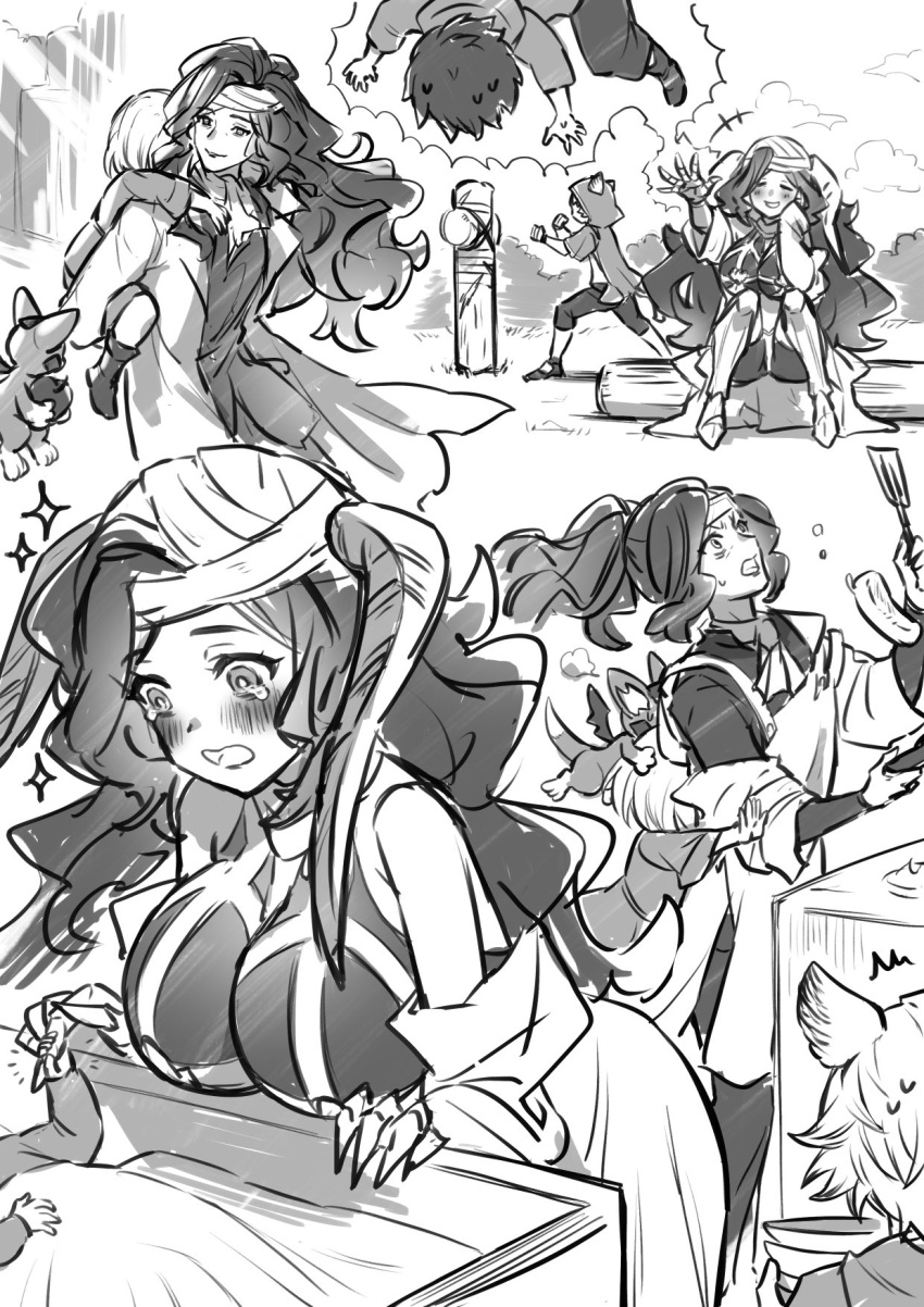+++, 2girls, 3boys, :d, =_=, ^^^, animal_ears, apple