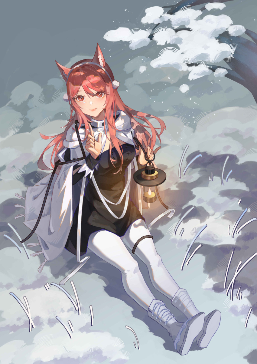 1girl, absurdres, animal_ear_fluff, animal_ears, arknights, black_dress, boots, cape, closed_mouth, commentary_request, dress, earmuffs, full_body, highres, holding, holding_lantern, implied_extra_ears, index_finger_raised, lantern, legs, long_hair, long_sleeves, looking_at_viewer, official_alternate_costume, on_ground, pantyhose, pink_hair, pozyomka_(arknights), pozyomka_(snowy_plains_in_words)_(arknights), red_eyes, shishuishuiya, sitting, solo, thigh_strap, white_cape, white_footwear, white_pantyhose, wolf_ears, wolf_girl