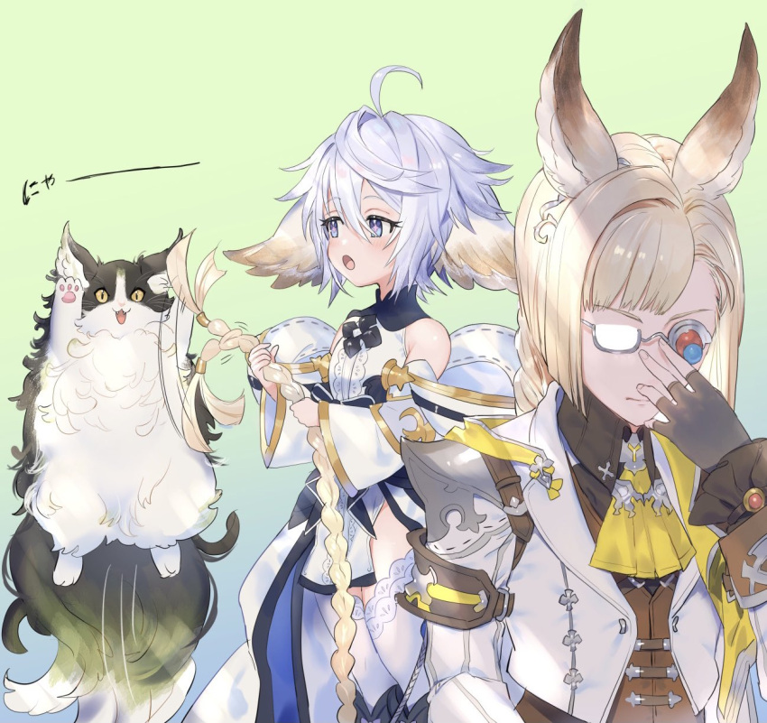 1boy, 1girl, :o, adjusting_eyewear, afterimage, ahoge, animal_ears, ascot