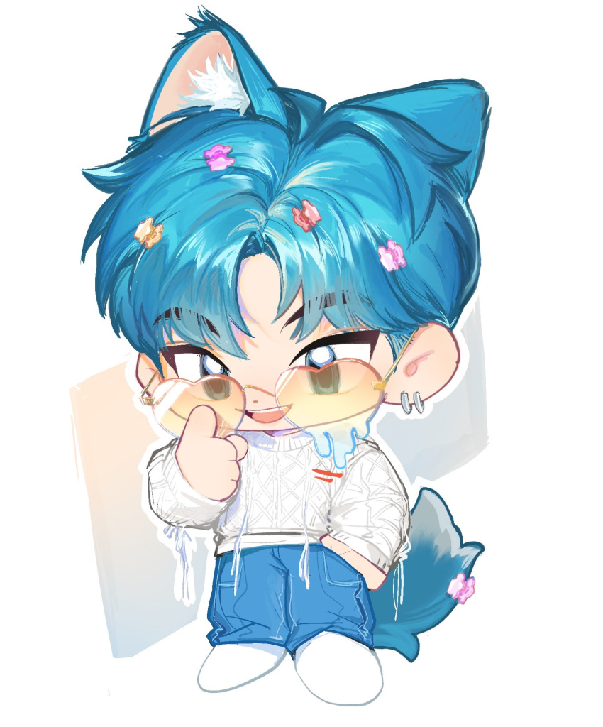 1boy, animal_ears, bishounen, blue_eyes, blue_hair, cat_boy, cat_ears, cat_tail