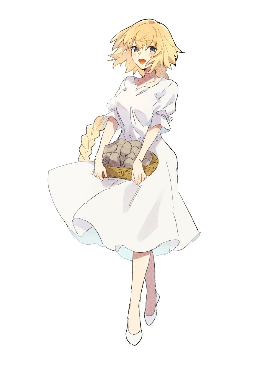 1girl, alternate_costume, basket, blue_eyes, blush, braid, braided_ponytail, commentary_request