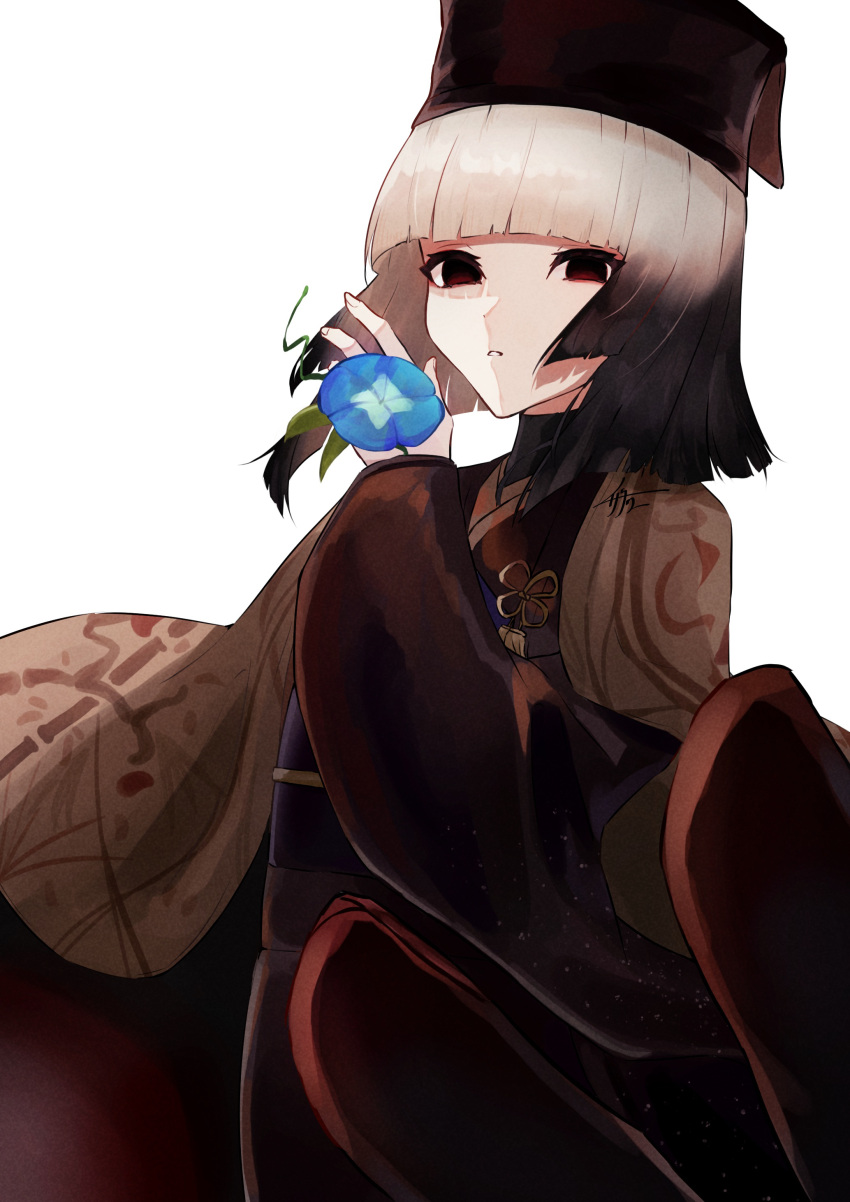 1girl, absurdres, black_eyes, fate/grand_order, fate_(series), flower, grey_hair, hat