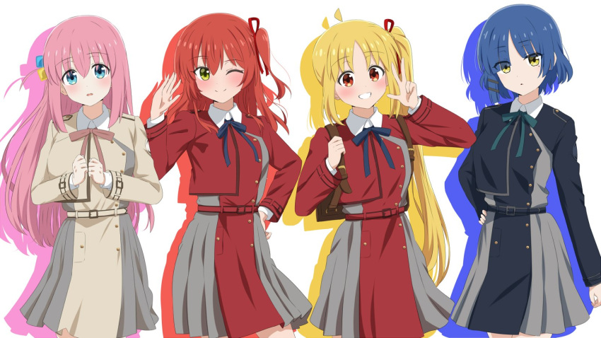4girls, :o, ;), ahoge, backpack, bag, belt, blonde_hair