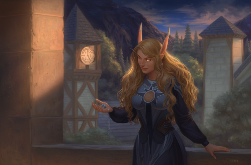1girl, blonde_hair, blood_elf_(warcraft), blue_dress, clock, clock_tower, clothing_cutout, clouds, cloudy_sky, colored_sclera, cowboy_shot, curly_hair, dress, earrings, elf, english_commentary, evening, freckles, highres, holding, holding_jewelry, holding_necklace, jewelry, long_hair, long_sleeves, mountain, necklace, no_pupils, nozomi-mats, original, pendant, pointy_ears, puffy_sleeves, sky, smile, tower, tree, warcraft, yellow_sclera