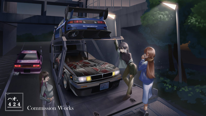 3girls, air_max, air_max_97, asamiya_mariko, black_footwear, breasts, brown_hair, car