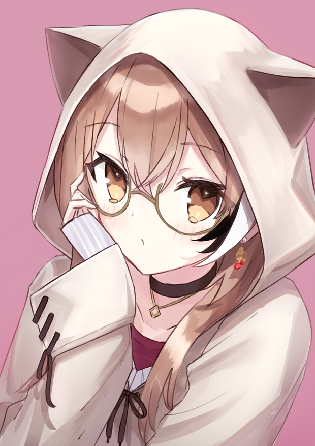 1girl, adjusting_eyewear, animal_hood, berry, black_choker, brown_eyes, brown_hair, brown_hoodie, choker, earrings, ears_through_headwear, food-themed_earrings, glasses, hand_on_own_cheek, hand_on_own_face, hololive, hololive_english, hood, hood_up, hoodie, jewelry, long_hair, looking_at_viewer, multicolored_hair, nanashi_mumei, necklace, official_alternate_costume, oversized_clothes, pink_background, red_shirt, round_eyewear, runes, shirt, sleeves_past_wrists, streaked_hair, sweater, virtual_youtuber, white_sweater, yaminava